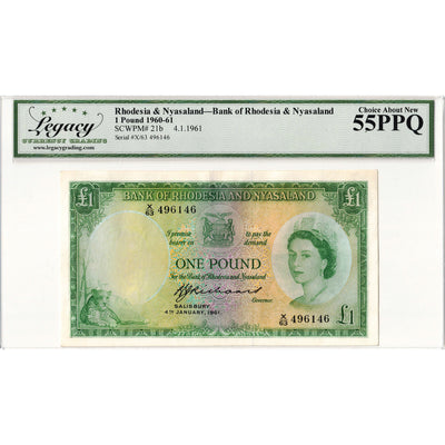 SOLD Rhodesia & Nyasaland 1961 1 One Pound Note P #21b - Legacy AU-55 PPQ