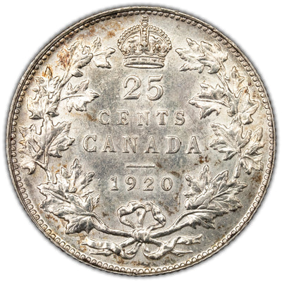 Canada 1920 25 Cents Quarter Silver Coin - AU-58
