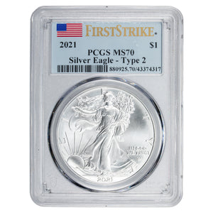 SOLD United States 2021 1oz .999 Fine Silver Eagle Coin Type 2 - PCGS MS-70 First Strike