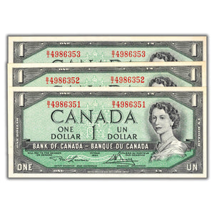 SOLD $1 1954 Bank of Canada Notes B/I Prefix BC-37d - 3 Consecutive - AU-58