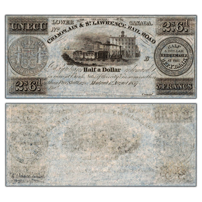 SOLD Ecu Half Dollar 1837 Champlain & St Lawrence Rail Road Note - Remainder UNC