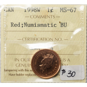 SOLD Canada 1998W 1 Small Cent Coin - ICCS MS-67 Red Numismatic BU