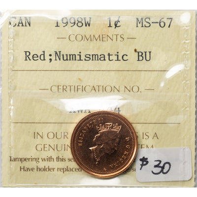 SOLD Canada 1998W 1 Small Cent Coin - ICCS MS-67 Red Numismatic BU