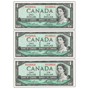SOLD $1 1954 Bank of Canada Notes Z/F Prefix BC-37d - 3 Consecutive AU-58