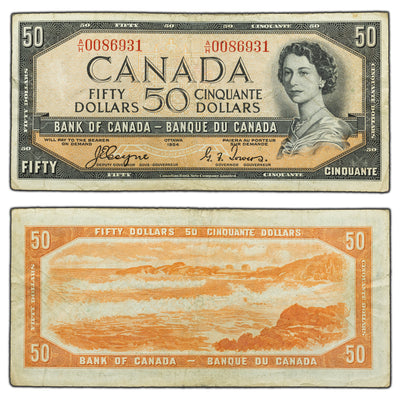 SOLD $50 1954 Bank of Canada Note Devil Face A/H Prefix BC-34a - F/VF
