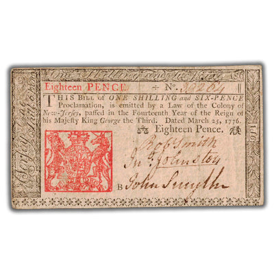 SOLD United States New Jersey 1776 18 Eighteen Pence Colonial Note NY #176