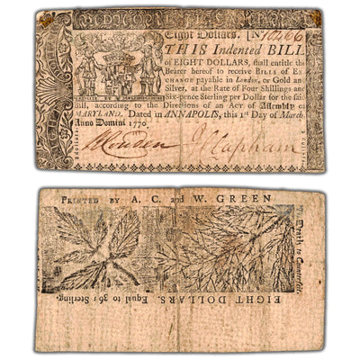 SOLD United States 1770 $8 Maryland Colonial Currency Note - Circulated
