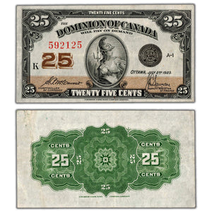 SOLD 25 Cents 1923 Dominion of Canada Shinplaster Note DC-24c - About EF