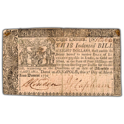SOLD United States 1770 $8 Maryland Colonial Currency Note - Circulated