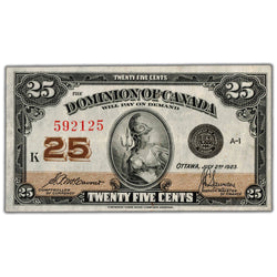 25 Cents 1923 Dominion of Canada Shinplaster Note DC-24c - About EF