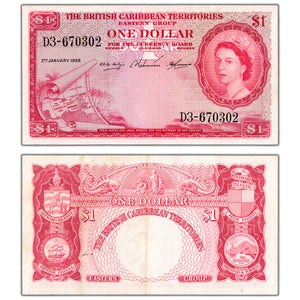 British Caribbean Territories 1958 $1 One Dollar Note P #7 - EF+