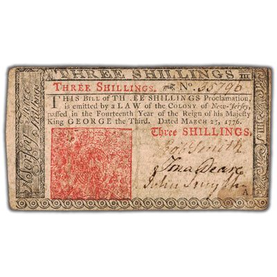 SOLD United States 1776 3 Shillings New Jersey Colonial Currency Note - Circulated