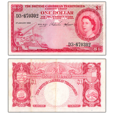 British Caribbean Territories 1958 $1 One Dollar Note P #7 - EF+