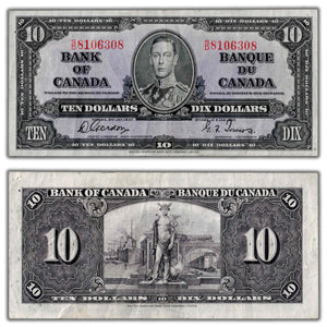 SOLD $10 1937 Bank of Canada Note Gordon-Towers S/D Prefix BC-24b - Pinholes