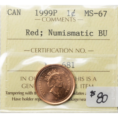 SOLD Canada 1999P 1 Small Cent Coin - ICCS MS-67 Red Numismatic BU
