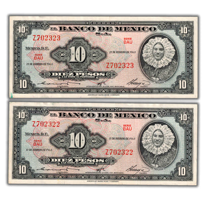 Mexico 1965 10 Pesos Note P #58k - Two Consecutive Notes - VF