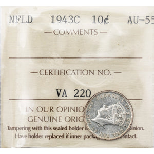 Newfoundland 1943-C 10 Cents Silver Coin - ICCS AU-55