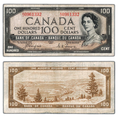 SOLD $100 1954 Bank of Canada Note Devil Face Coyne-Towers BC-35a - F/VF
