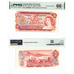 SOLD $2 1974 Bank of Canada Note UA Prefix Low Serial #2 BC-47a - PMG Gem UNC-66 EPQ