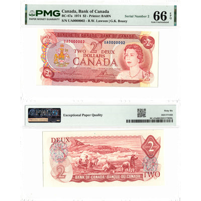 SOLD $2 1974 Bank of Canada Note UA Prefix Low Serial #2 BC-47a - PMG Gem UNC-66 EPQ