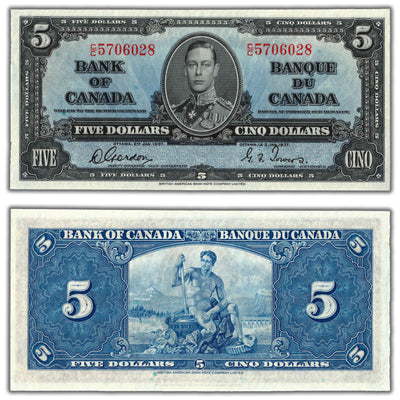 SOLD $5 1937 Bank of Canada Note Gordon-Towers C/C Prefix BC-23b - Choice UNC
