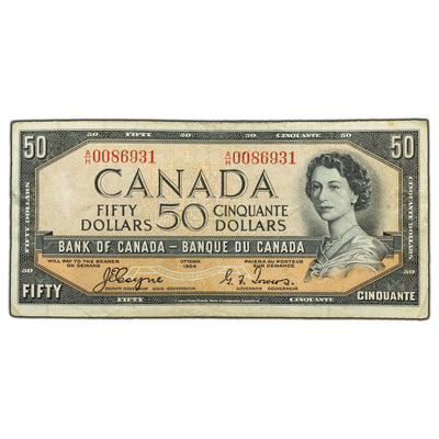 SOLD $50 1954 Bank of Canada Note Devil Face A/H Prefix BC-34a - F/VF