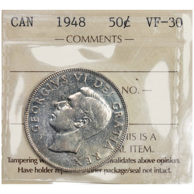 Canada 1948 50 Cents Half Dollar Silver Coin - VF-30