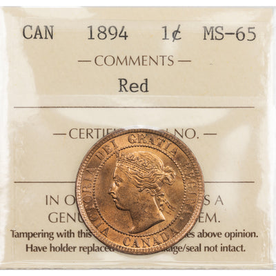 SOLD Canada 1894 1 Large Cent Coin - ICCS MS-65 Red