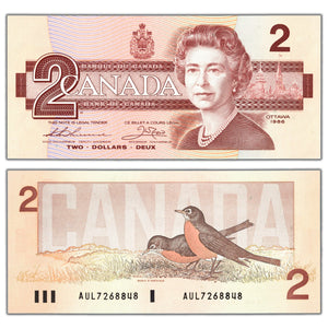 SOLD $2 1986 Bank of Canada Note Crow-Bouey AUL Prefix BC-55a - Choice UNC