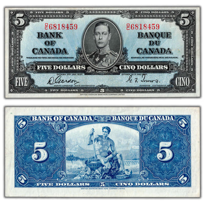 $5 1937 Bank of Canada Note Gordon-Towers O/C Prefix BC-23b - EF+