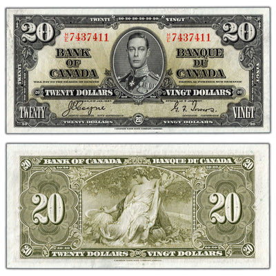 SOLD $20 1937 Bank of Canada Note H/E Changeover Prefix BC-25c - AU