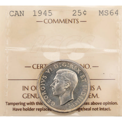 SOLD Canada 1945 25 Cents Quarter Silver Coin - ICCS MS-64