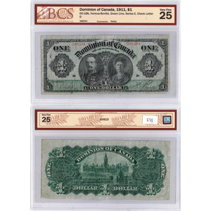 SOLD $1 1911 Dominion of Canada Note Green Line Series E DC-18b - BCS VF-25