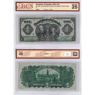 SOLD $1 1911 Dominion of Canada Note Green Line Series E DC-18b - BCS VF-25