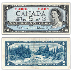 SOLD $5 1954 Bank of Canada Note Beattie-Rasminsky R/X Prefix BC-39b - VF