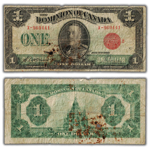 SOLD $1 1923 Dominion of Canada Note McCavour-Saunders Red Seal DC-25g - Holes