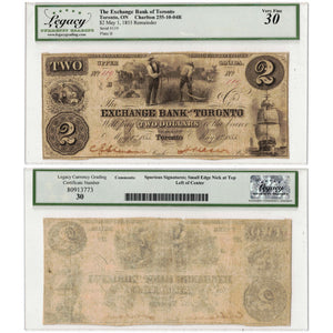SOLD $2 1855 Exchange Bank of Toronto Remainder Note #255-10-04R - Legacy VF-30