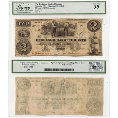 SOLD $2 1855 Exchange Bank of Toronto Remainder Note #255-10-04R - Legacy VF-30