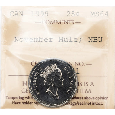 SOLD Canada Error 1999 November Mule 25 Cents Quarter Coin - ICCS MS-64
