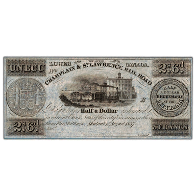 SOLD Ecu Half Dollar 1837 Champlain & St Lawrence Rail Road Note - Remainder UNC