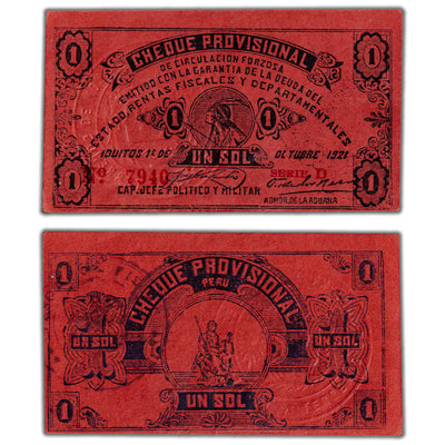 Peru Iquitos Revolution 1921 1 Sol Note P #S604 - AU+