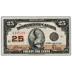 25 Cents 1923 Dominion of Canada Shinplaster Note DC-24c - Crisp VF