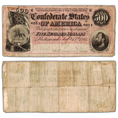 United States 1864 $500 Confederate States Note - Minor Holes/Paper Pull