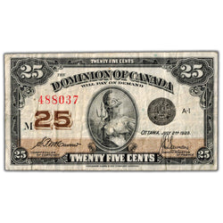 25 Cents 1923 Dominion of Canada Shinplaster Note DC-24c - Pinholes