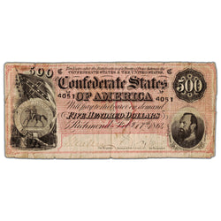 United States 1864 $500 Confederate States Note - Minor Holes/Paper Pull