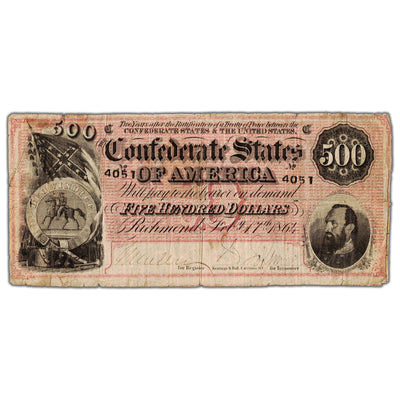 United States 1864 $500 Confederate States Note - Minor Holes/Paper Pull