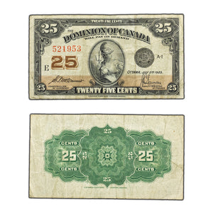 SOLD 25 Cents 1923 Dominion of Canada Shinplaster Note DC-24c - F/VF