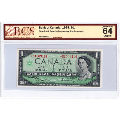 SOLD $1 1967 Bank of Canada Note *B/M Replacement BC-45bA-i - BCS Ch UNC-64