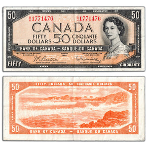 SOLD $50 1954 Bank of Canada Note Beattie-Rasminsky B/H Prefix BC-42b - Circulated