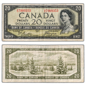 SOLD $20 1954 Bank of Canada Note Devil Face B/E Prefix BC-33b - F/VF
